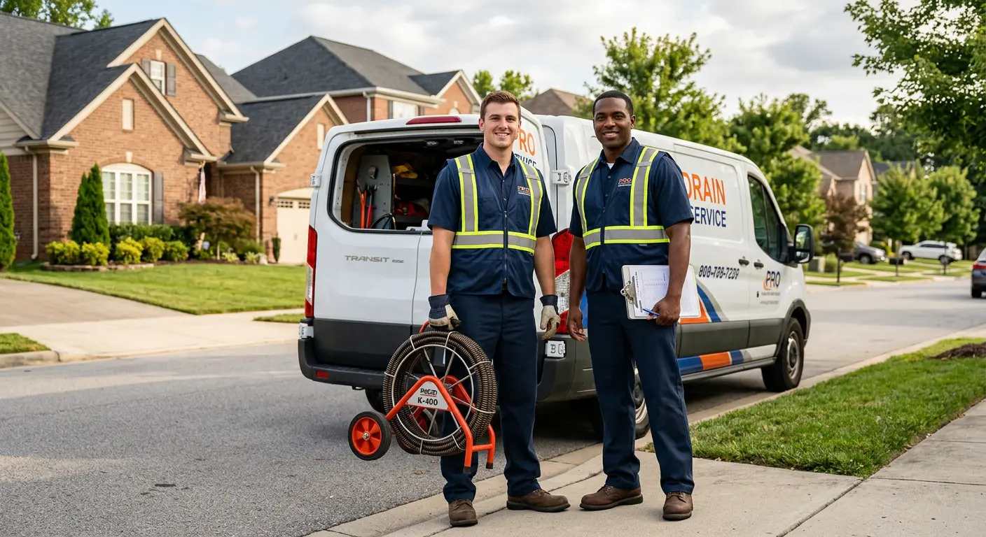 Sewer and drain service team with equipment ready for work in Brown Deer