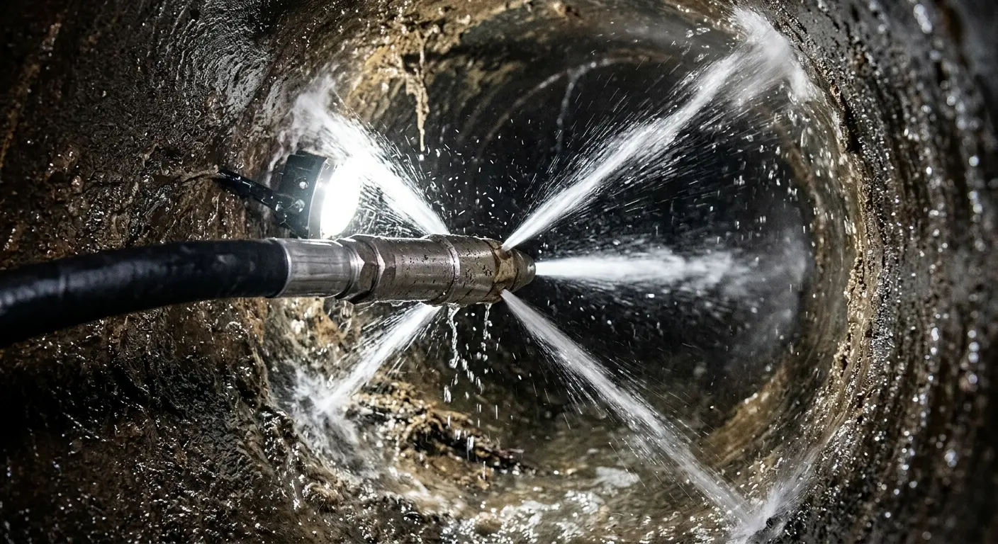 High-pressure hydro jetting nozzle cleaning sewer pipe for Emergency Drain Service in Brown Deer