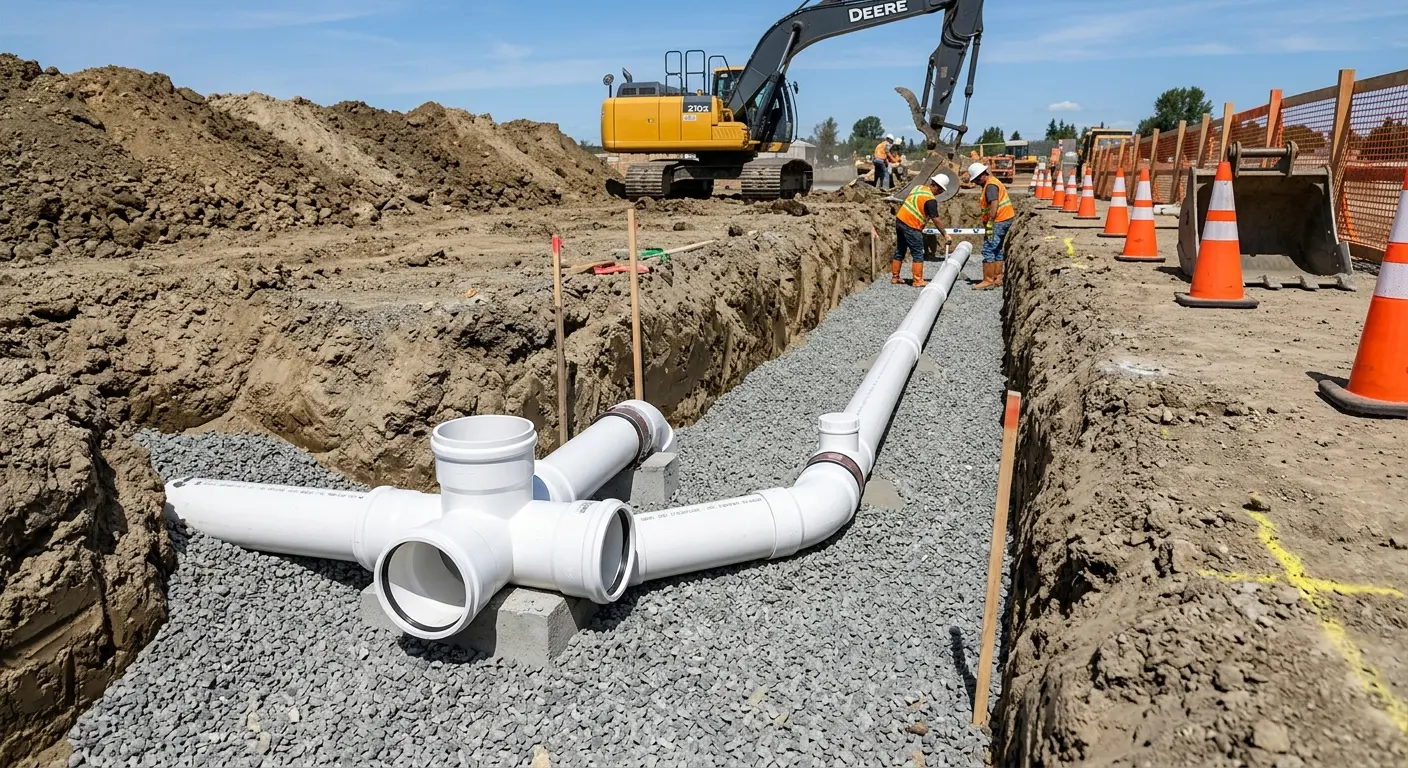 New PVC sewer pipe installation in open trench for Commercial Drain Cleaning in Brown Deer