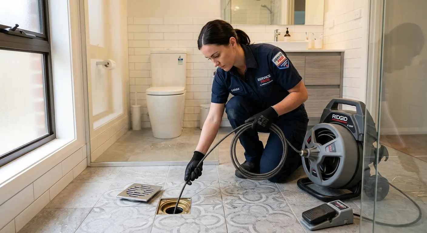 Technician clearing a bathroom floor drain for Sewer Line Installation in Brown Deer